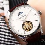 Perfect Replica Jaeger LeCoultre White Moon-phase Tourbillon Dial Brown Leather 41mm Watch 